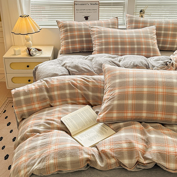 91家纺网 家纺一手货源 找家纺 （总）柠萌家居 2025新款无印良品风双拼全棉色织水洗棉加牛奶绒四件套简约全棉拼牛奶绒四件套 提供买家秀