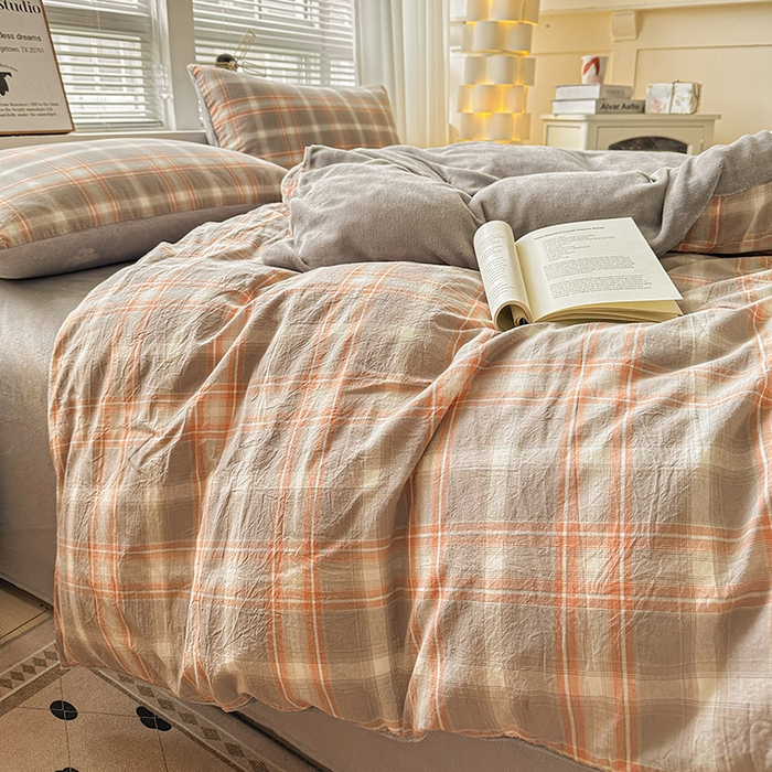 91家纺网 家纺一手货源 找家纺 （总）柠萌家居 2025新款无印良品风双拼全棉色织水洗棉加牛奶绒四件套简约全棉拼牛奶绒四件套 提供买家秀