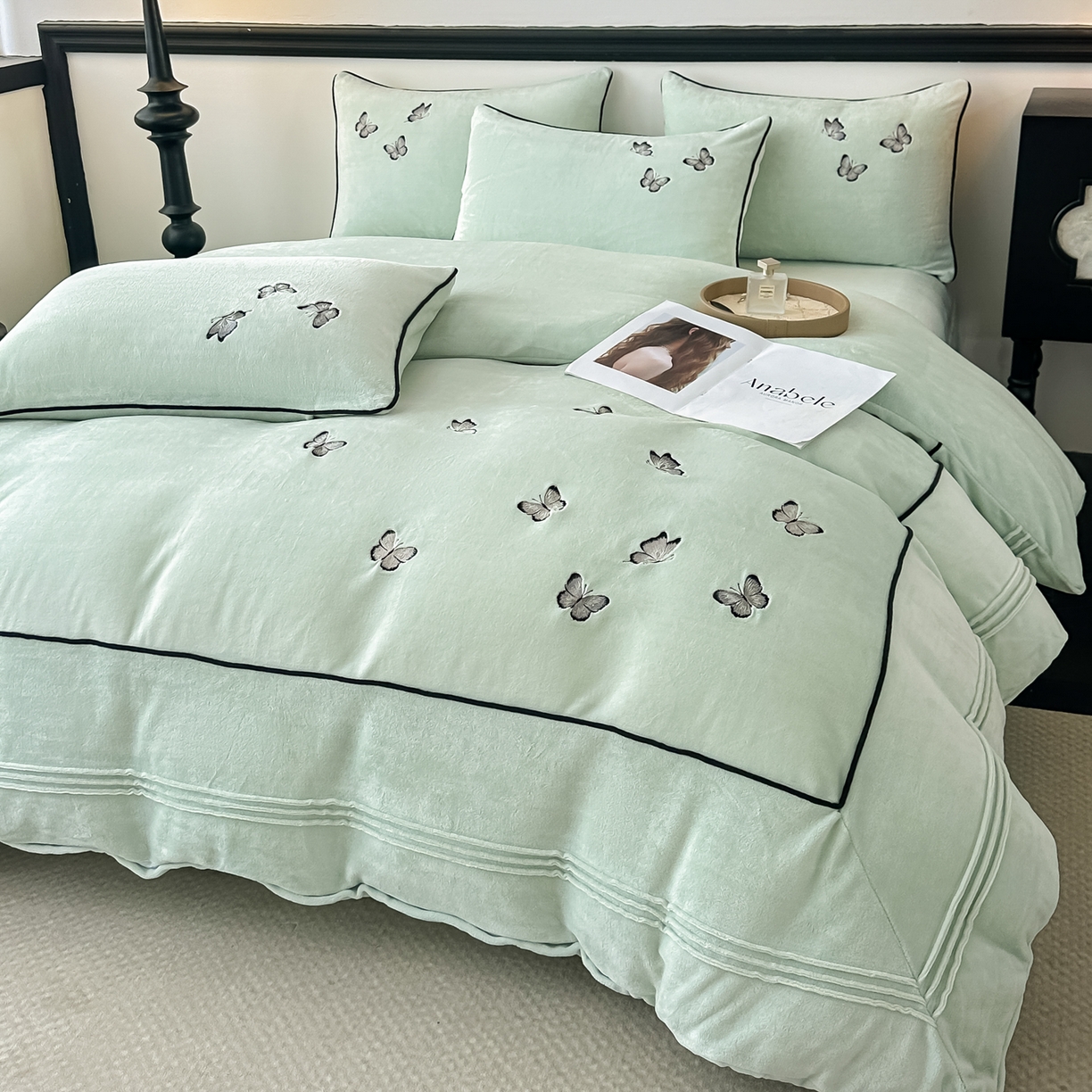 91家纺网 家纺一手货源 找家纺 凯美家居 2025新款牛奶绒重工刺绣特种工艺四件套-可露丽 可露丽-浅绿