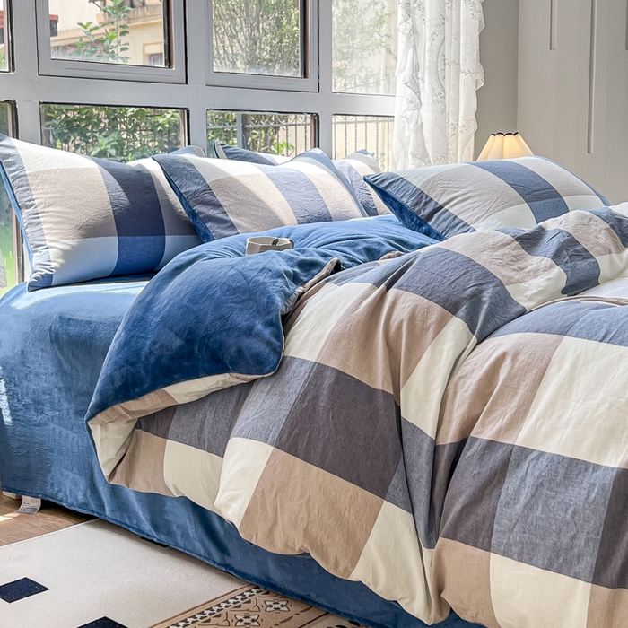 91家纺网 家纺一手货源 找家纺 （总）柠萌家居 2025新款无印良品风双拼全棉色织水洗棉加牛奶绒四件套简约全棉拼牛奶绒四件套 提供买家秀