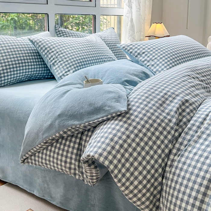 91家纺网 家纺一手货源 找家纺 （总）柠萌家居 2025新款无印良品风双拼全棉色织水洗棉加牛奶绒四件套简约全棉拼牛奶绒四件套 提供买家秀