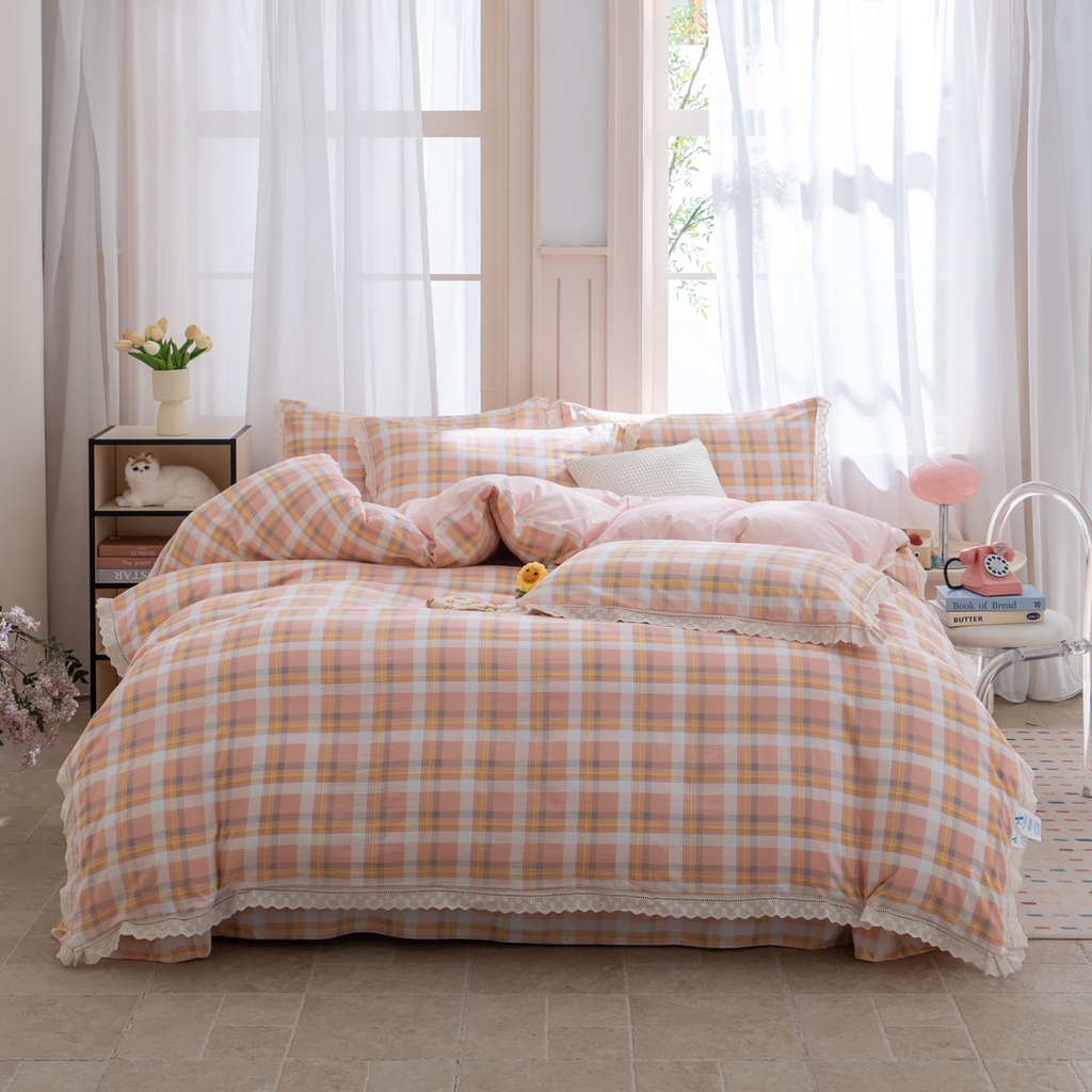 91家纺网 家纺一手货源 找家纺 （总）玖琳家纺 2025新款云朵水洗棉皱皱纱精致花边款四件套