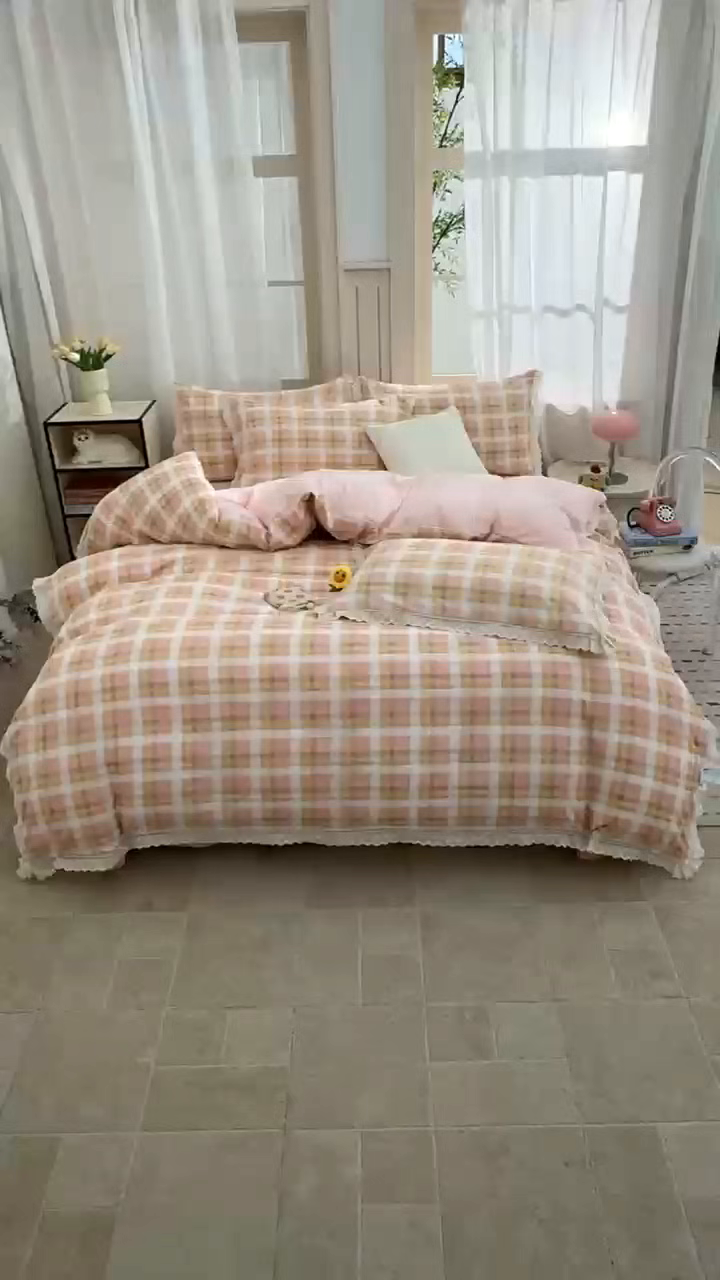 91家纺网 家纺一手货源 找家纺 （总）玖琳家纺 2025新款云朵水洗棉皱皱纱精致花边款四件套