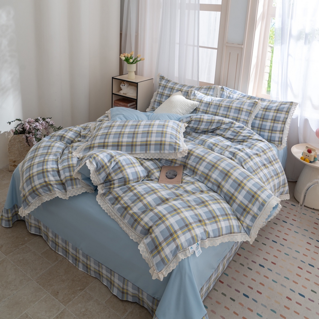 91家纺网 家纺一手货源 找家纺 玖琳家纺 2025新款云朵水洗棉皱皱纱精致花边款四件套 晨曦 蓝