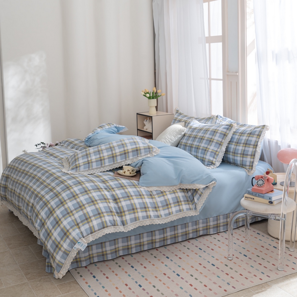 91家纺网 家纺一手货源 找家纺 玖琳家纺 2025新款云朵水洗棉皱皱纱精致花边款四件套 晨曦 蓝