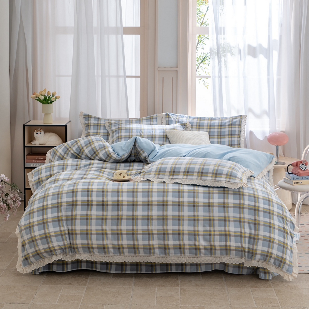 91家纺网 家纺一手货源 找家纺 玖琳家纺 2025新款云朵水洗棉皱皱纱精致花边款四件套 晨曦 蓝