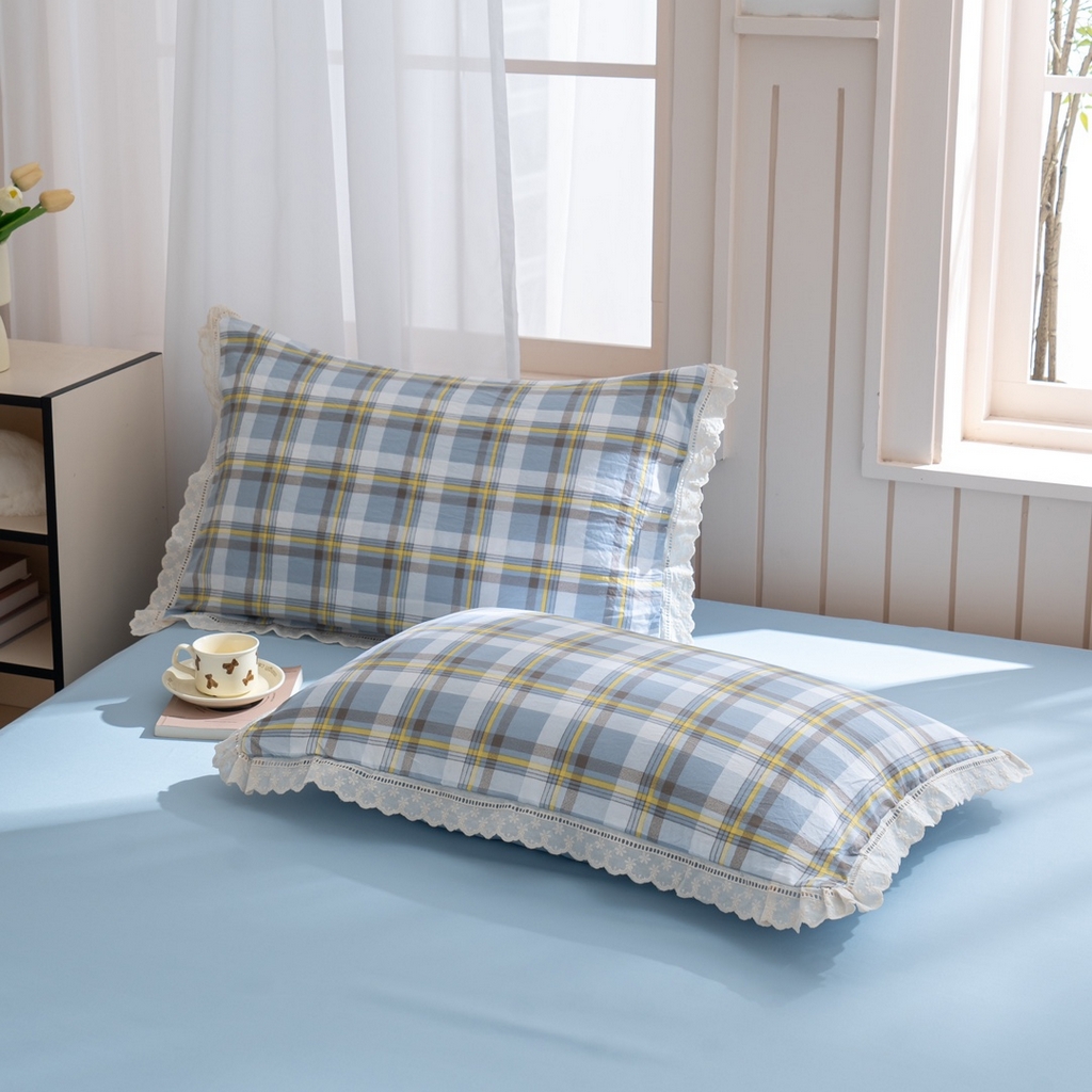 91家纺网 家纺一手货源 找家纺 玖琳家纺 2025新款云朵水洗棉皱皱纱精致花边款四件套 晨曦 蓝