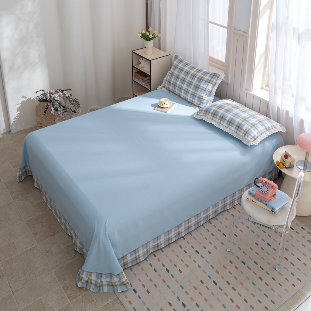 91家纺网 家纺一手货源 找家纺 玖琳家纺 2025新款云朵水洗棉皱皱纱精致花边款四件套 晨曦 蓝