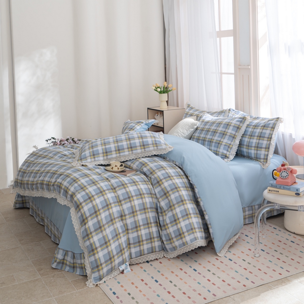 91家纺网 家纺一手货源 找家纺 玖琳家纺 2025新款云朵水洗棉皱皱纱精致花边款四件套 晨曦 蓝