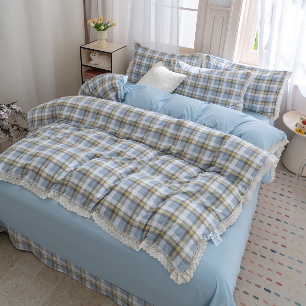 91家纺网 家纺一手货源 找家纺 玖琳家纺 2025新款云朵水洗棉皱皱纱精致花边款四件套 晨曦 蓝