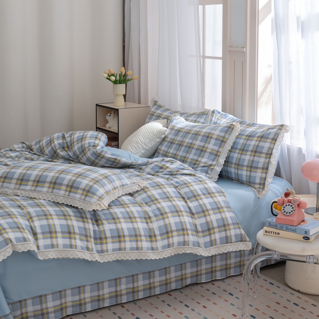 91家纺网 家纺一手货源 找家纺 玖琳家纺 2025新款云朵水洗棉皱皱纱精致花边款四件套 晨曦 蓝