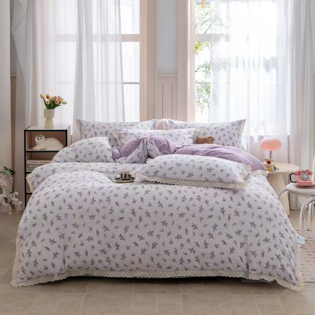 91家纺网 家纺一手货源 找家纺 玖琳家纺 2025新款云朵水洗棉皱皱纱精致花边款四件套 浮光屿色