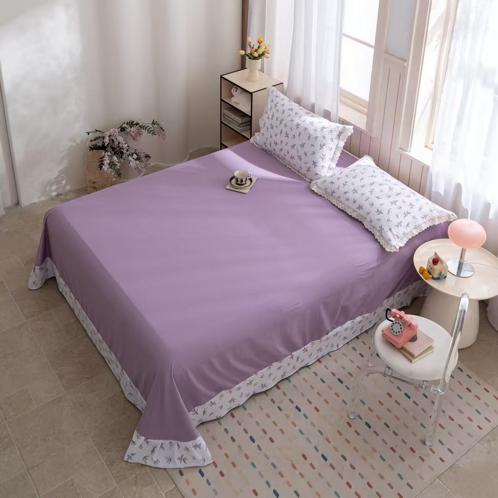 91家纺网 家纺一手货源 找家纺 玖琳家纺 2025新款云朵水洗棉皱皱纱精致花边款四件套 浮光屿色