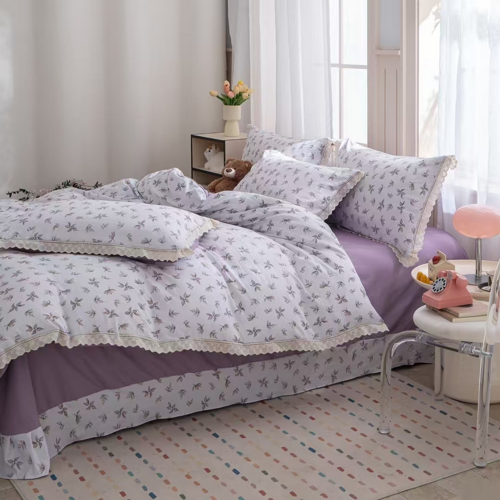 91家纺网 家纺一手货源 找家纺 玖琳家纺 2025新款云朵水洗棉皱皱纱精致花边款四件套 浮光屿色