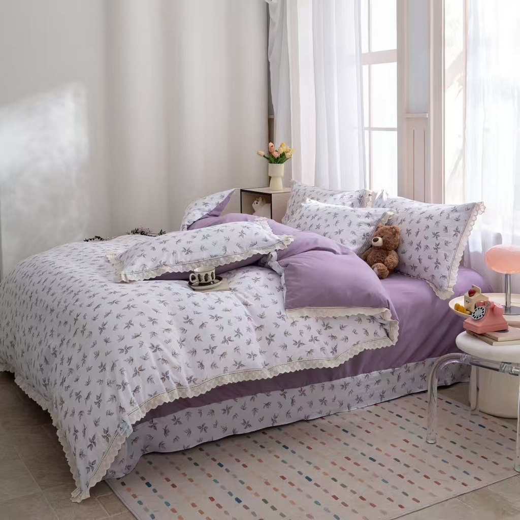 91家纺网 家纺一手货源 找家纺 玖琳家纺 2025新款云朵水洗棉皱皱纱精致花边款四件套 浮光屿色