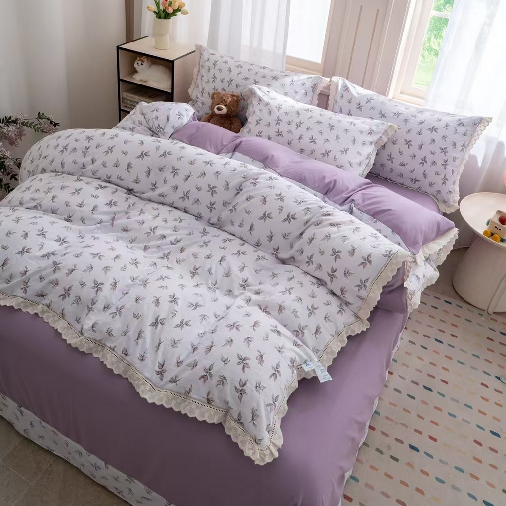 91家纺网 家纺一手货源 找家纺 玖琳家纺 2025新款云朵水洗棉皱皱纱精致花边款四件套 浮光屿色