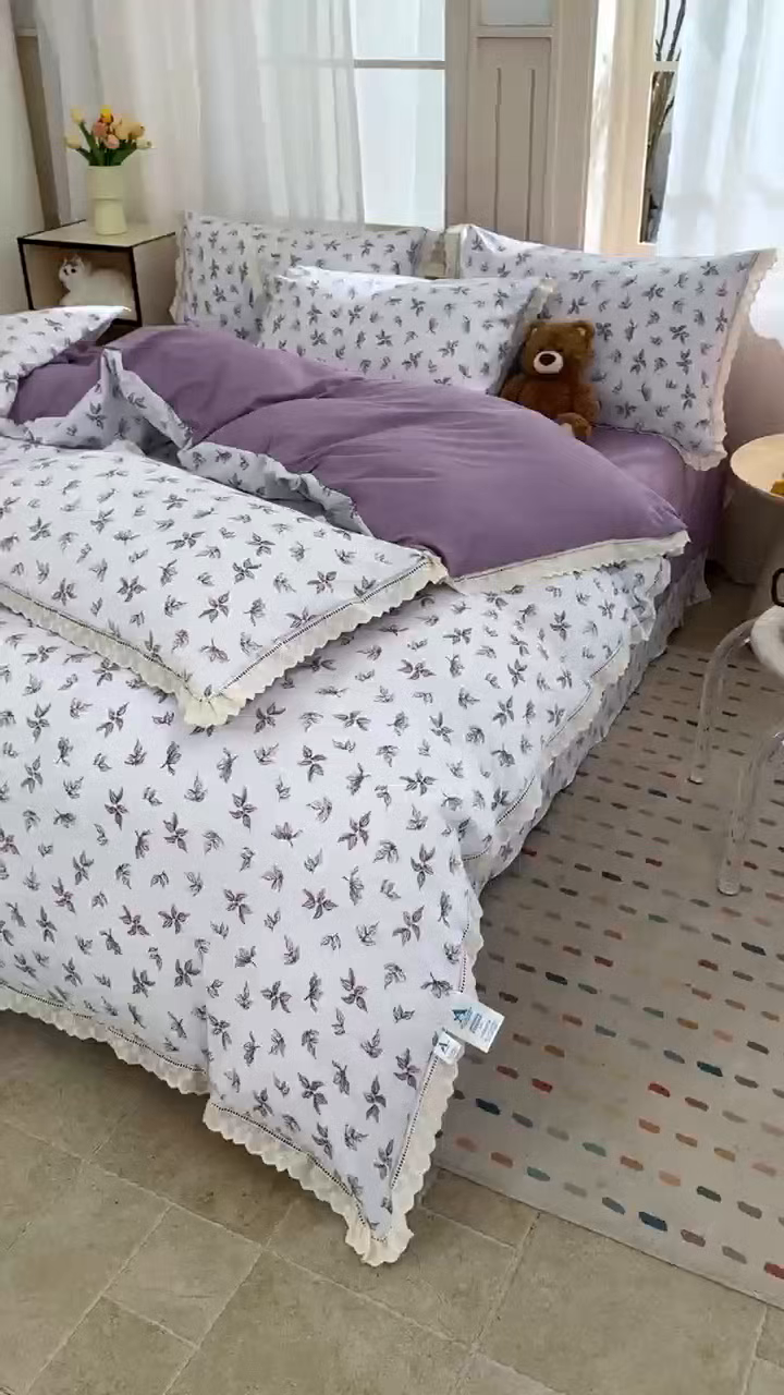 91家纺网 家纺一手货源 找家纺 玖琳家纺 2025新款云朵水洗棉皱皱纱精致花边款四件套 浮光屿色