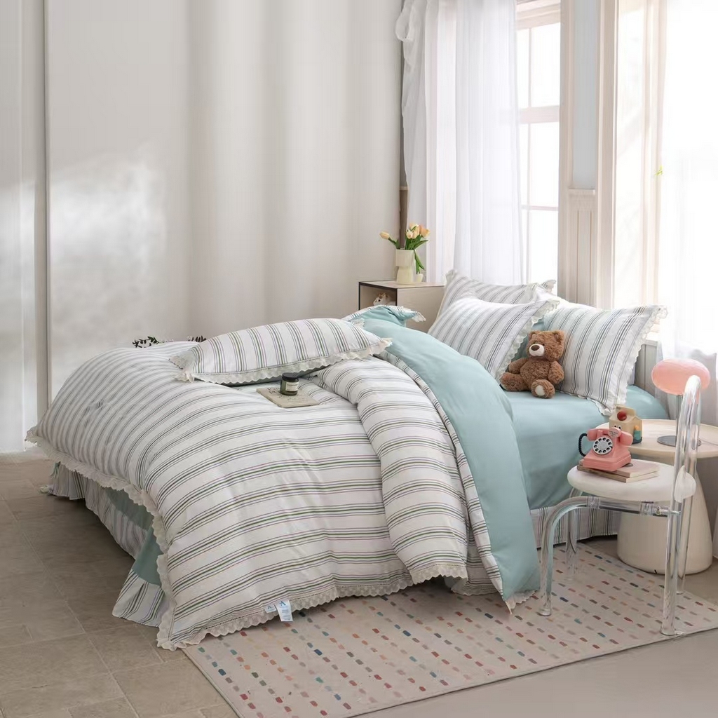 91家纺网 家纺一手货源 找家纺 玖琳家纺 2025新款云朵水洗棉皱皱纱精致花边款四件套 虹纹漫旅