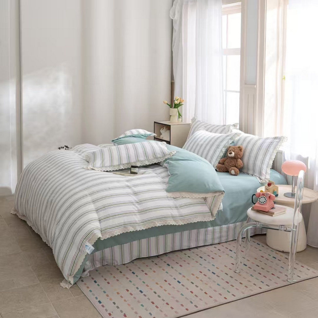 91家纺网 家纺一手货源 找家纺 玖琳家纺 2025新款云朵水洗棉皱皱纱精致花边款四件套 虹纹漫旅