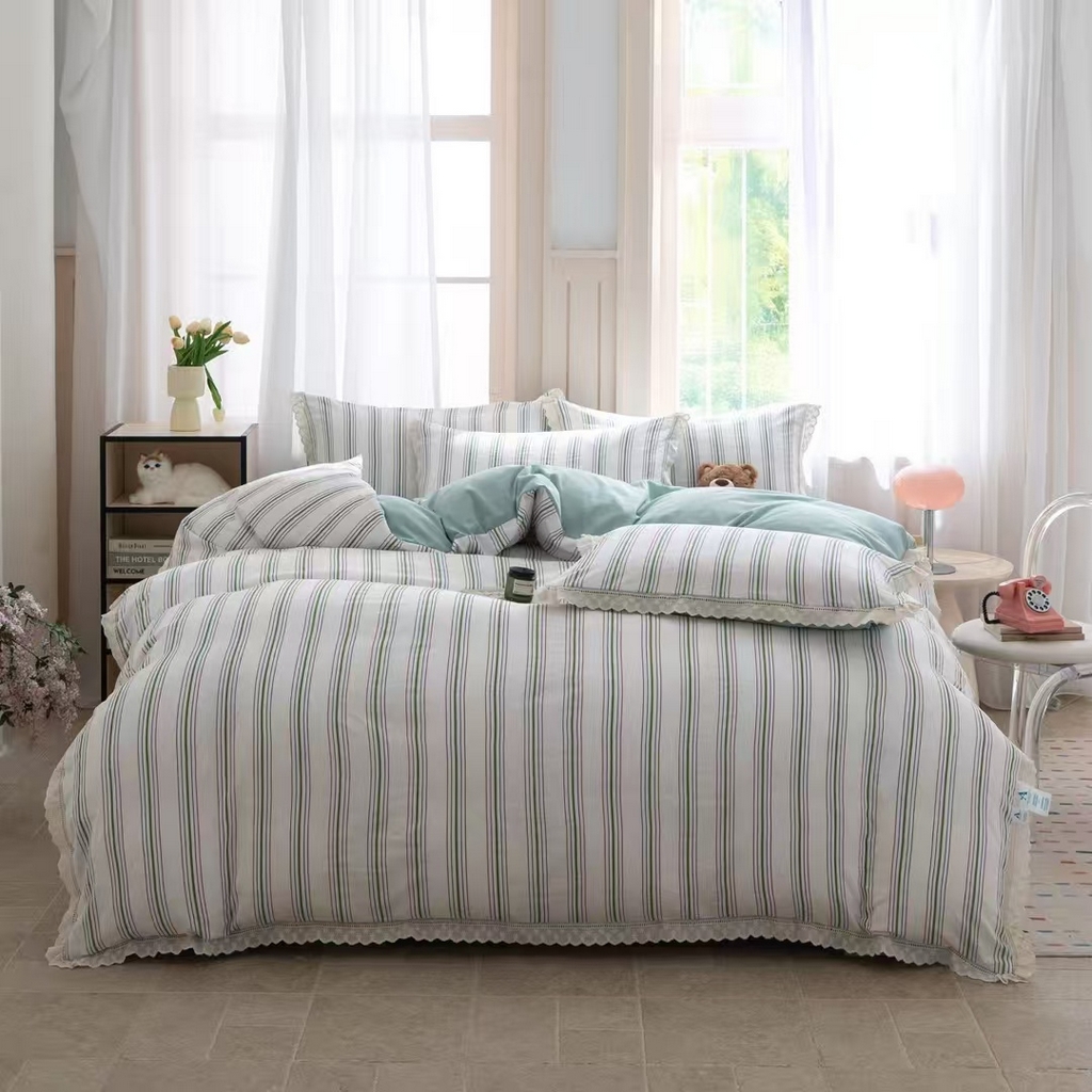 91家纺网 家纺一手货源 找家纺 玖琳家纺 2025新款云朵水洗棉皱皱纱精致花边款四件套 虹纹漫旅