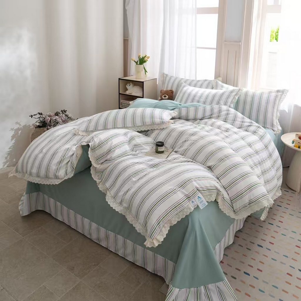 91家纺网 家纺一手货源 找家纺 玖琳家纺 2025新款云朵水洗棉皱皱纱精致花边款四件套 虹纹漫旅