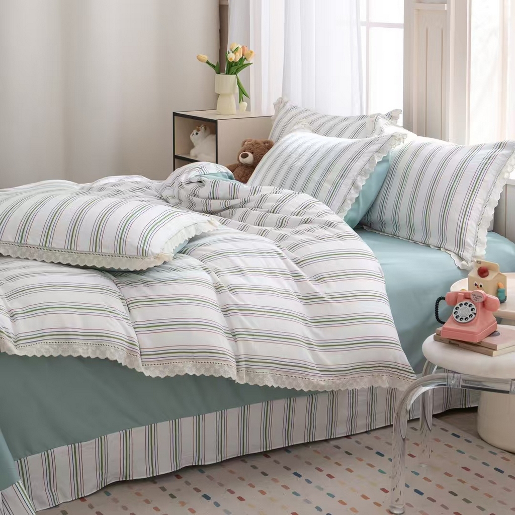 91家纺网 家纺一手货源 找家纺 玖琳家纺 2025新款云朵水洗棉皱皱纱精致花边款四件套 虹纹漫旅