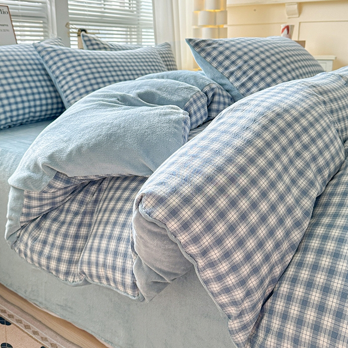 91家纺网 家纺一手货源 找家纺 （总）柠萌家居 2025新款无印良品风双拼全棉色织水洗棉加牛奶绒四件套简约全棉拼牛奶绒四件套 提供买家秀