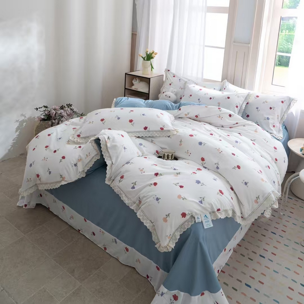 91家纺网 家纺一手货源 找家纺 玖琳家纺 2025新款云朵水洗棉皱皱纱精致花边款四件套 花雾