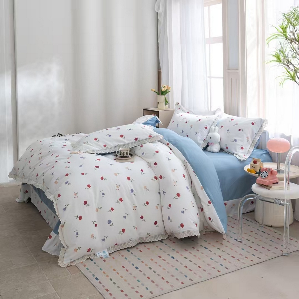 91家纺网 家纺一手货源 找家纺 玖琳家纺 2025新款云朵水洗棉皱皱纱精致花边款四件套 花雾