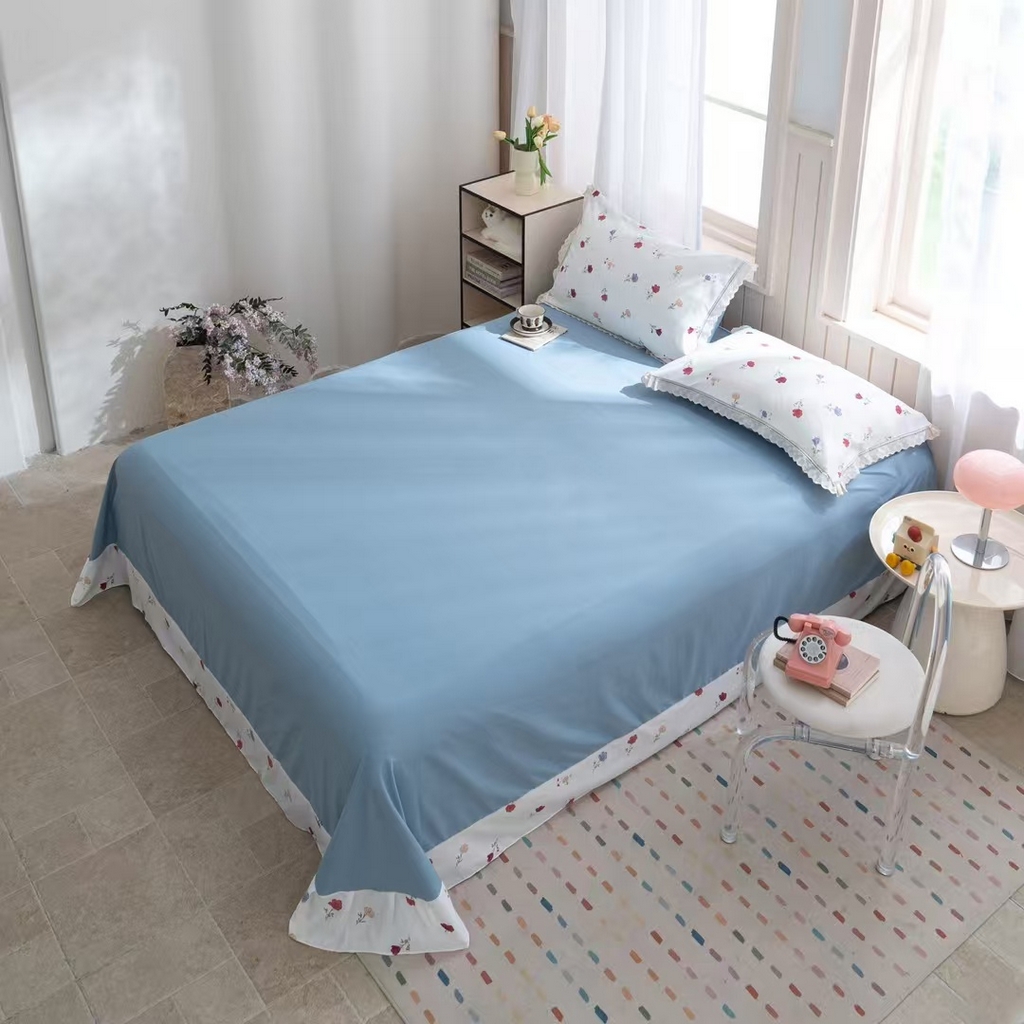 91家纺网 家纺一手货源 找家纺 玖琳家纺 2025新款云朵水洗棉皱皱纱精致花边款四件套 花雾