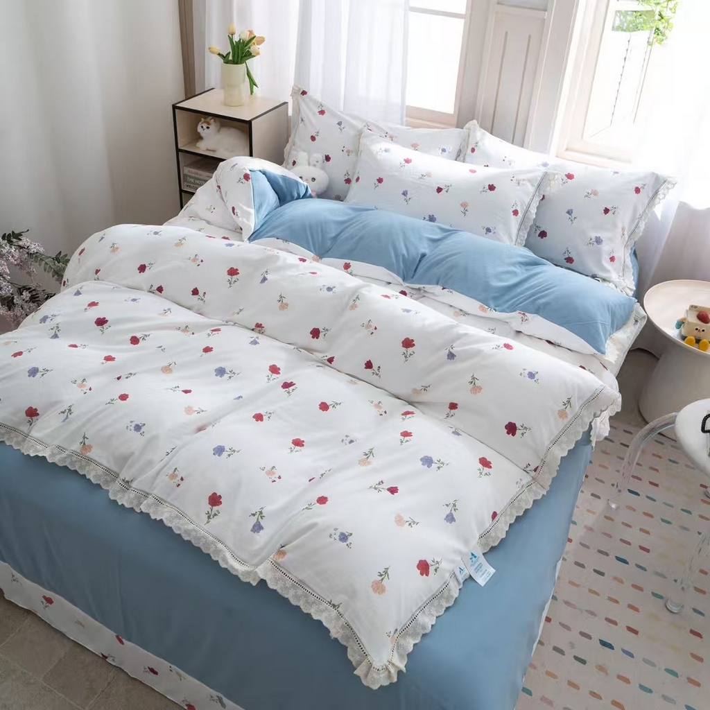 91家纺网 家纺一手货源 找家纺 玖琳家纺 2025新款云朵水洗棉皱皱纱精致花边款四件套 花雾