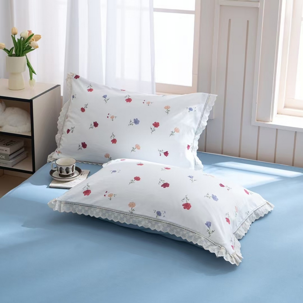 91家纺网 家纺一手货源 找家纺 玖琳家纺 2025新款云朵水洗棉皱皱纱精致花边款四件套 花雾