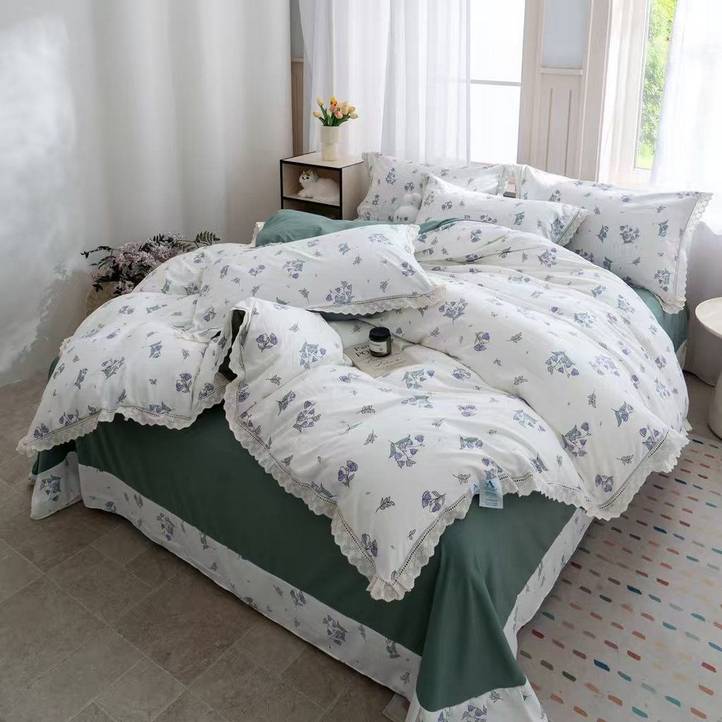 91家纺网 家纺一手货源 找家纺 玖琳家纺 2025新款云朵水洗棉皱皱纱精致花边款四件套 花屿青