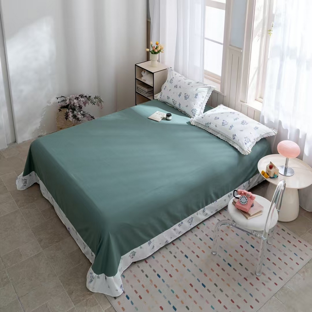 91家纺网 家纺一手货源 找家纺 玖琳家纺 2025新款云朵水洗棉皱皱纱精致花边款四件套 花屿青