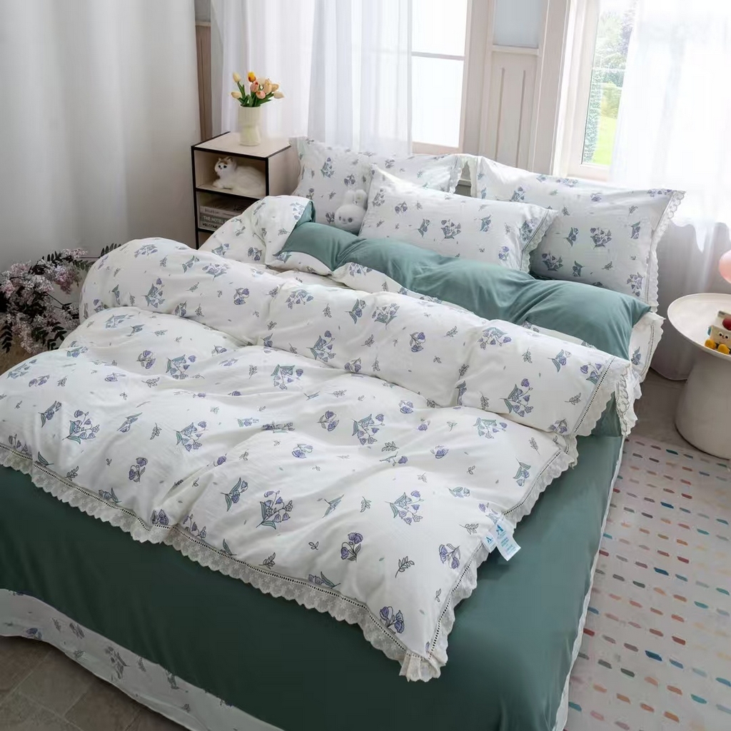 91家纺网 家纺一手货源 找家纺 玖琳家纺 2025新款云朵水洗棉皱皱纱精致花边款四件套 花屿青