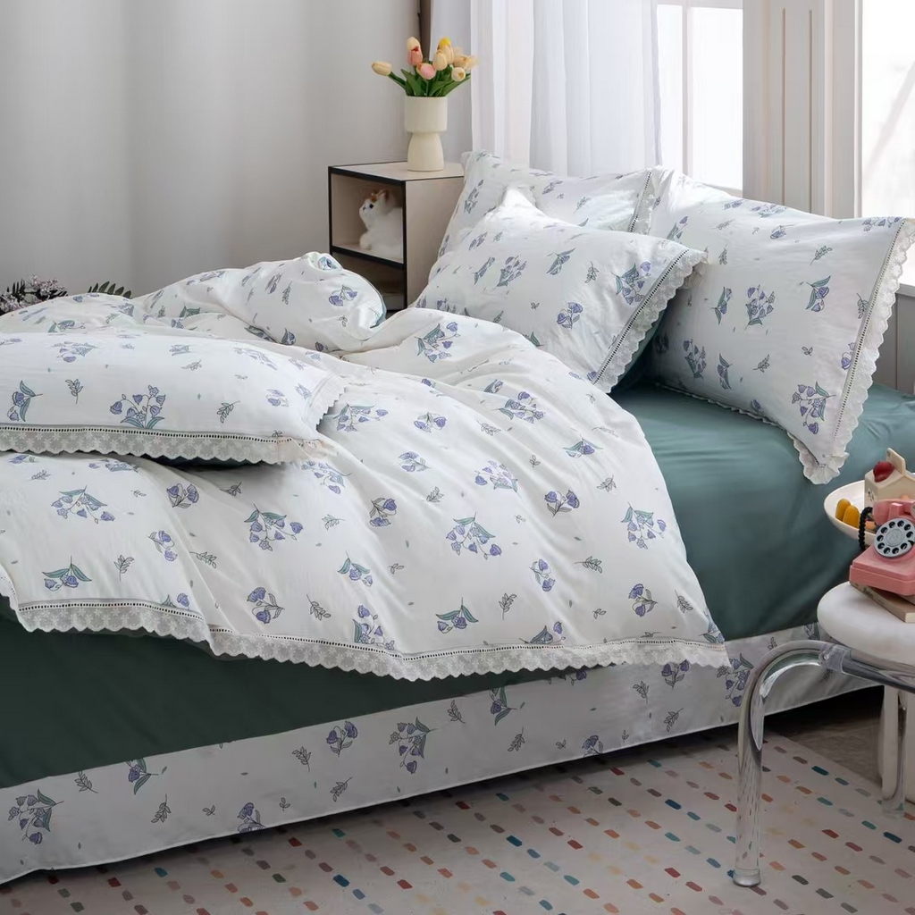 91家纺网 家纺一手货源 找家纺 玖琳家纺 2025新款云朵水洗棉皱皱纱精致花边款四件套 花屿青