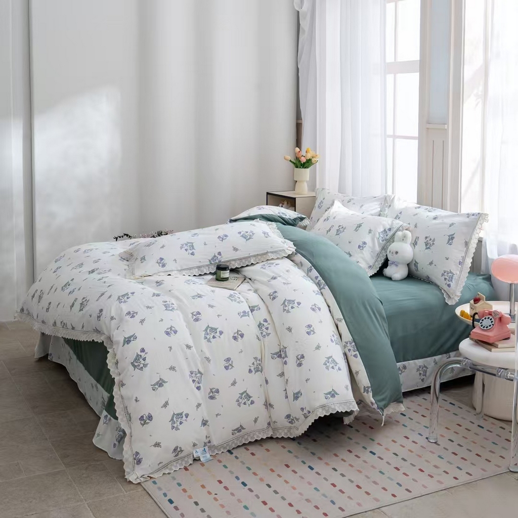 91家纺网 家纺一手货源 找家纺 玖琳家纺 2025新款云朵水洗棉皱皱纱精致花边款四件套 花屿青