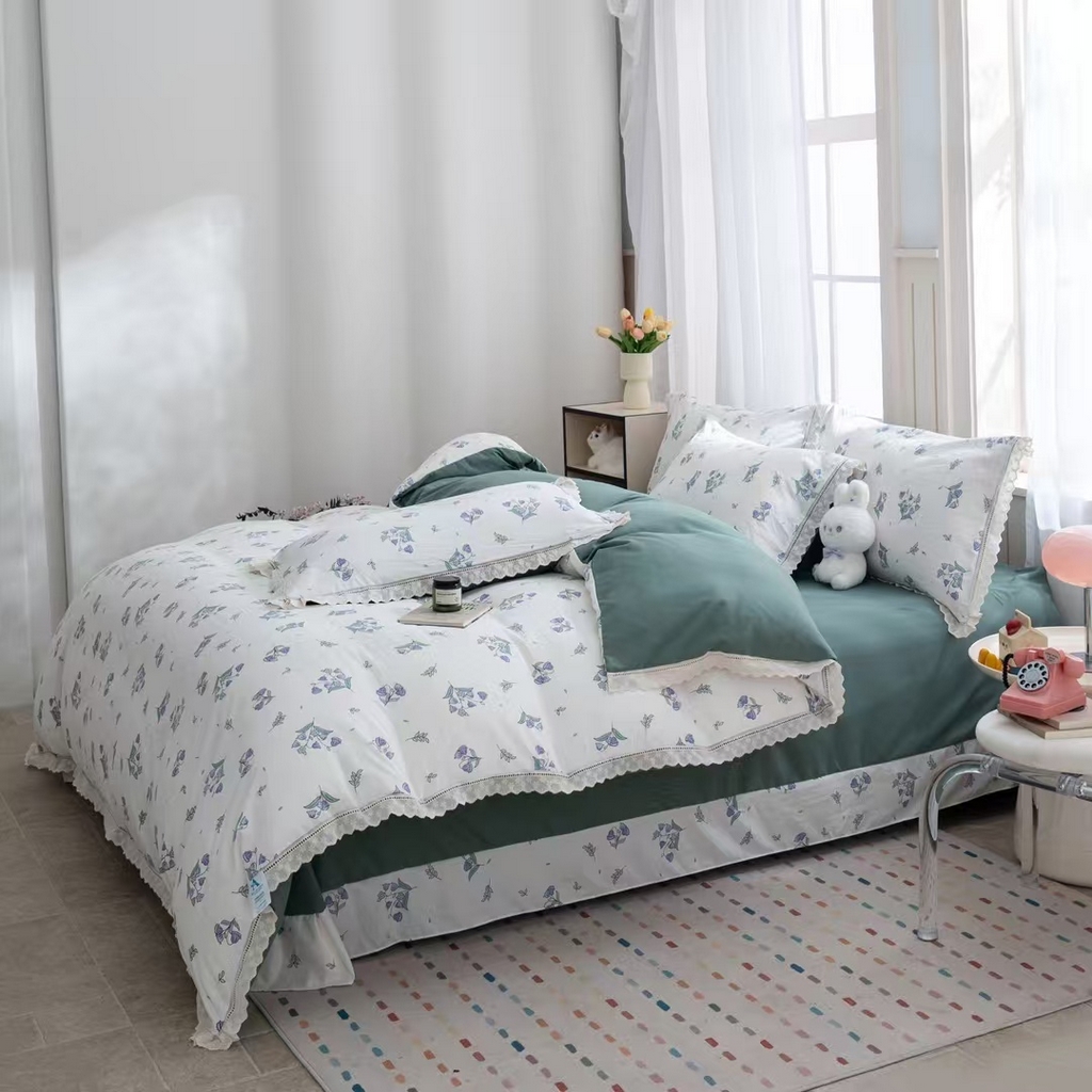 91家纺网 家纺一手货源 找家纺 玖琳家纺 2025新款云朵水洗棉皱皱纱精致花边款四件套 花屿青