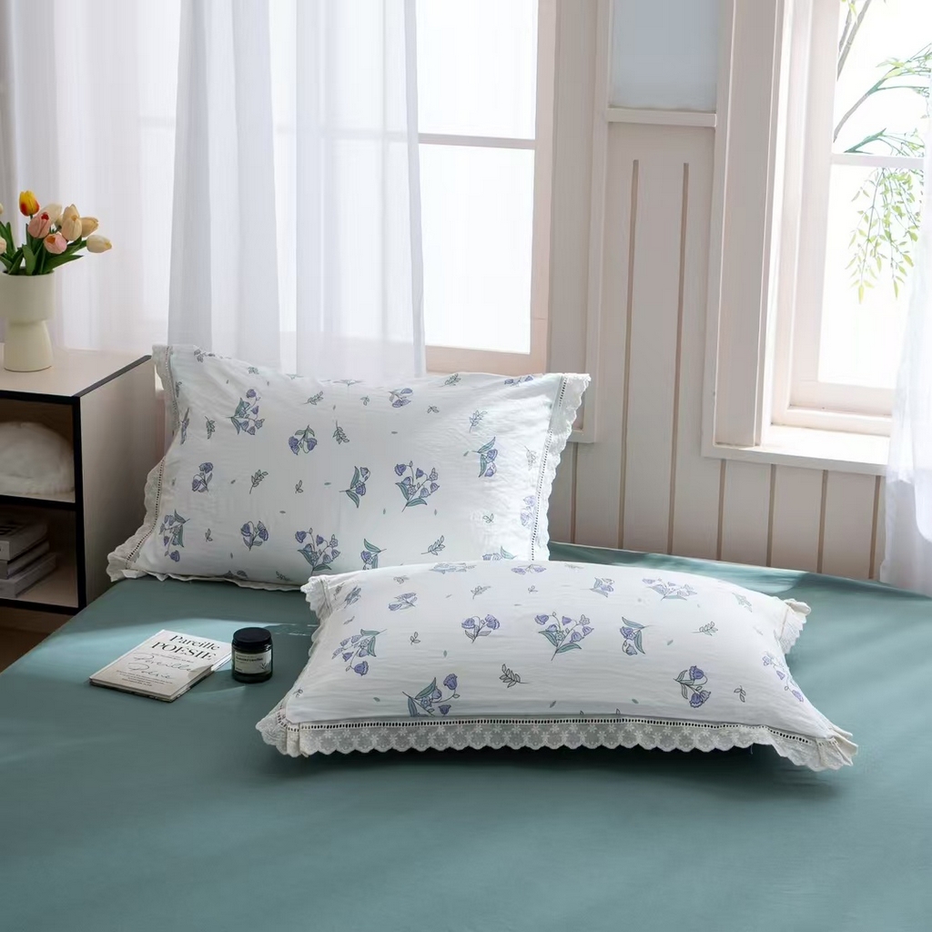 91家纺网 家纺一手货源 找家纺 玖琳家纺 2025新款云朵水洗棉皱皱纱精致花边款四件套 花屿青