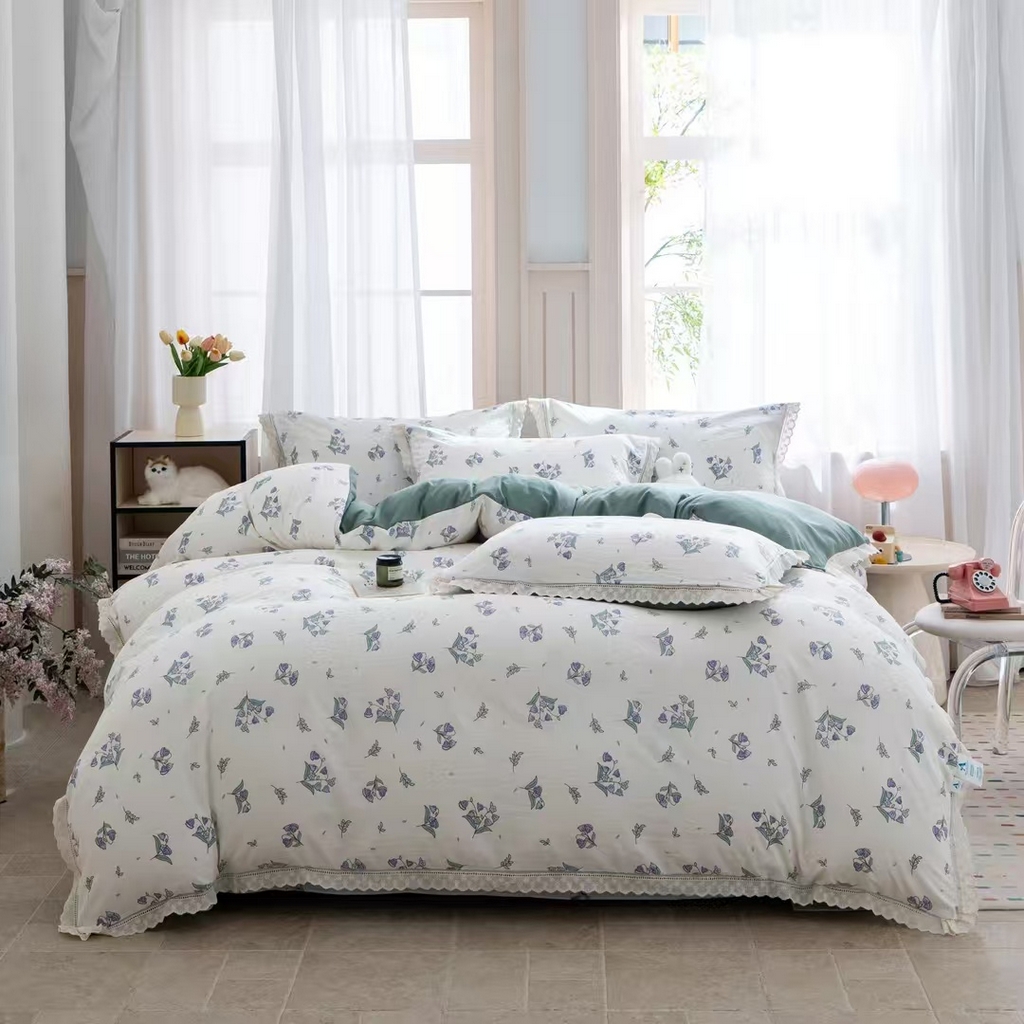 91家纺网 家纺一手货源 找家纺 玖琳家纺 2025新款云朵水洗棉皱皱纱精致花边款四件套 花屿青