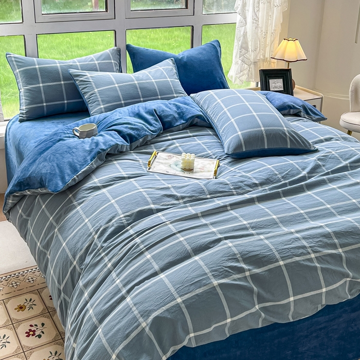 91家纺网 家纺一手货源 找家纺 柠萌家居 2025新款无印良品风双拼全棉色织水洗棉加牛奶绒四件套简约全棉拼牛奶绒四件套 提供买家秀 棉+绒-海蓝大格