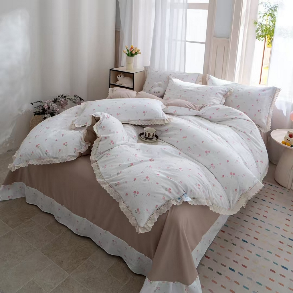 91家纺网 家纺一手货源 找家纺 玖琳家纺 2025新款云朵水洗棉皱皱纱精致花边款四件套 兰沁