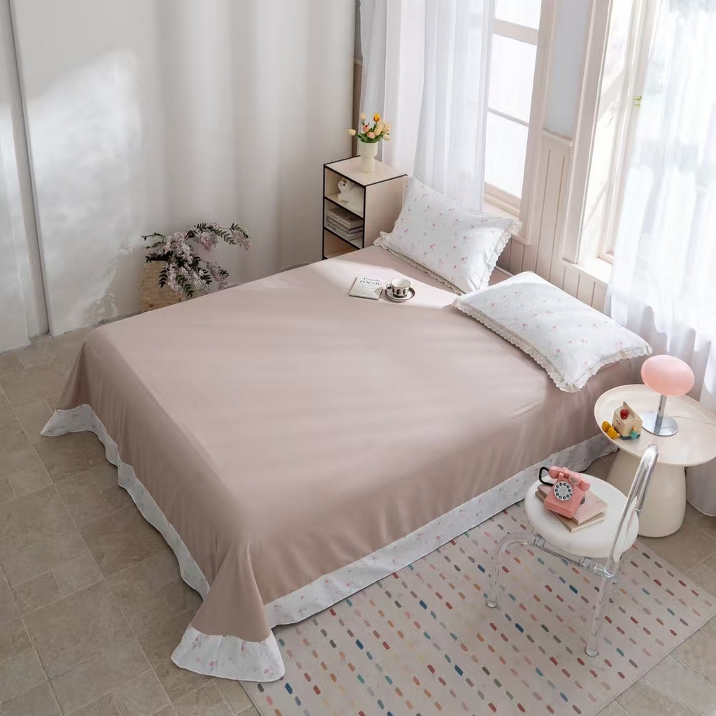 91家纺网 家纺一手货源 找家纺 玖琳家纺 2025新款云朵水洗棉皱皱纱精致花边款四件套 兰沁