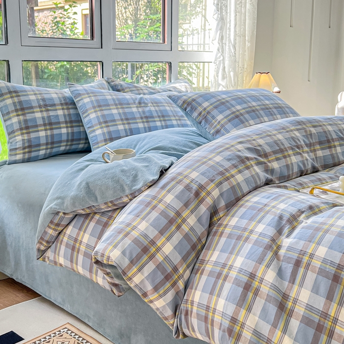 柠萌家居 2025新款无印良品风双拼全棉色织水洗棉加牛奶绒四件套简约全棉拼牛奶绒四件套 提供买家秀 棉+绒-简兮蓝