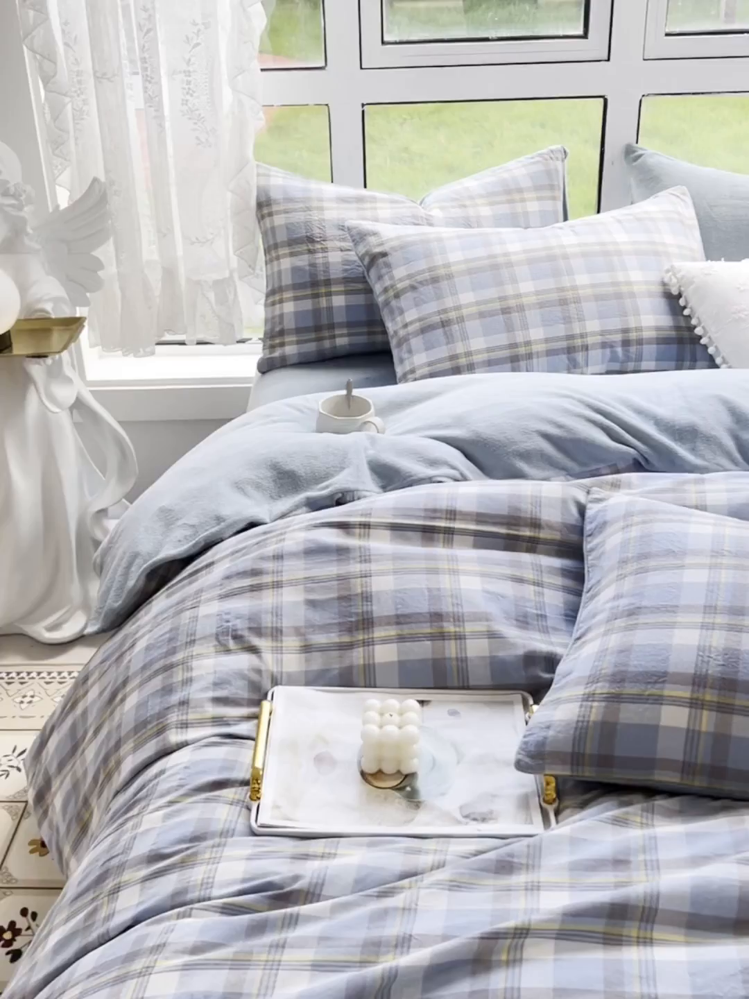 91家纺网 家纺一手货源 找家纺 柠萌家居 2025新款无印良品风双拼全棉色织水洗棉加牛奶绒四件套简约全棉拼牛奶绒四件套 提供买家秀 棉+绒-简兮蓝