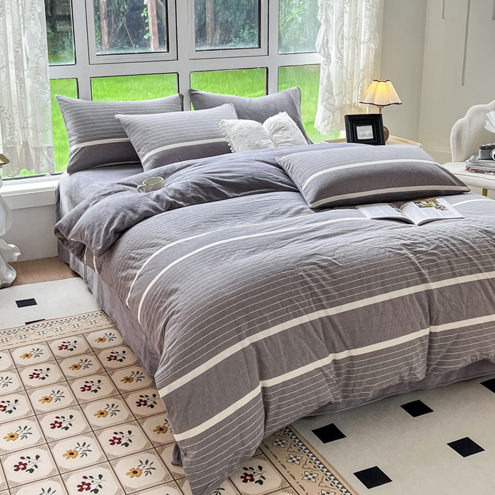 91家纺网 家纺一手货源 找家纺 柠萌家居 2025新款无印良品风双拼全棉色织水洗棉加牛奶绒四件套简约全棉拼牛奶绒四件套 提供买家秀 棉+绒-宽双线冷灰