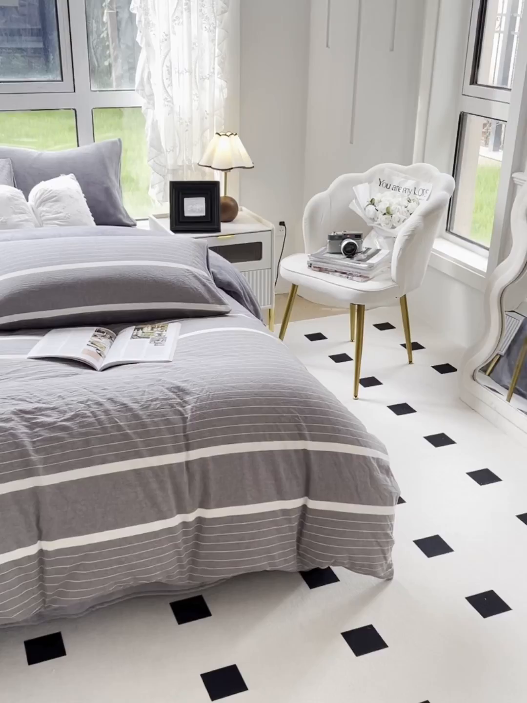 91家纺网 家纺一手货源 找家纺 柠萌家居 2025新款无印良品风双拼全棉色织水洗棉加牛奶绒四件套简约全棉拼牛奶绒四件套 提供买家秀 棉+绒-宽双线冷灰