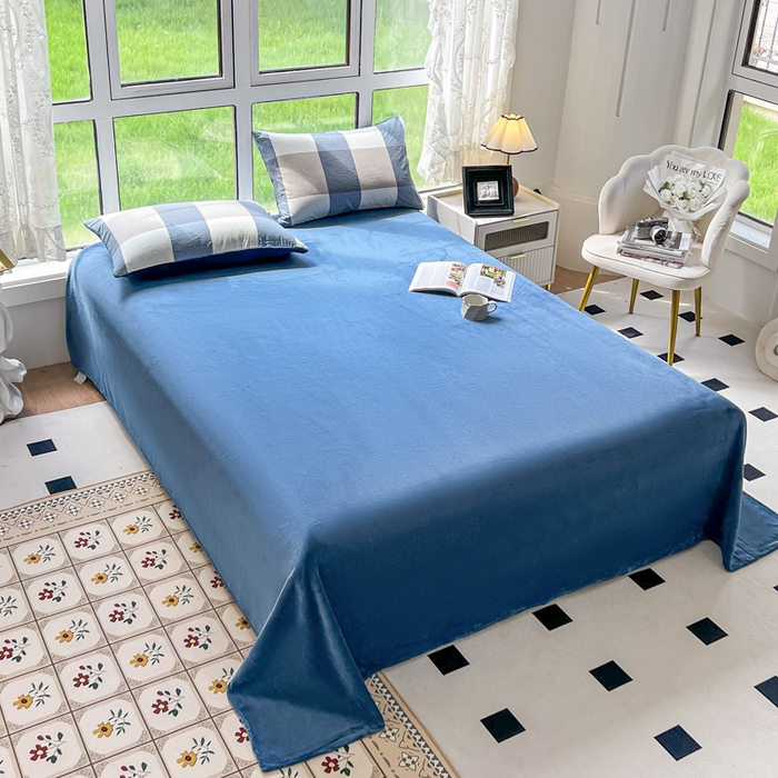 91家纺网 家纺一手货源 找家纺 柠萌家居 2025新款无印良品风双拼全棉色织水洗棉加牛奶绒四件套简约全棉拼牛奶绒四件套 提供买家秀 棉+绒-蓝调格