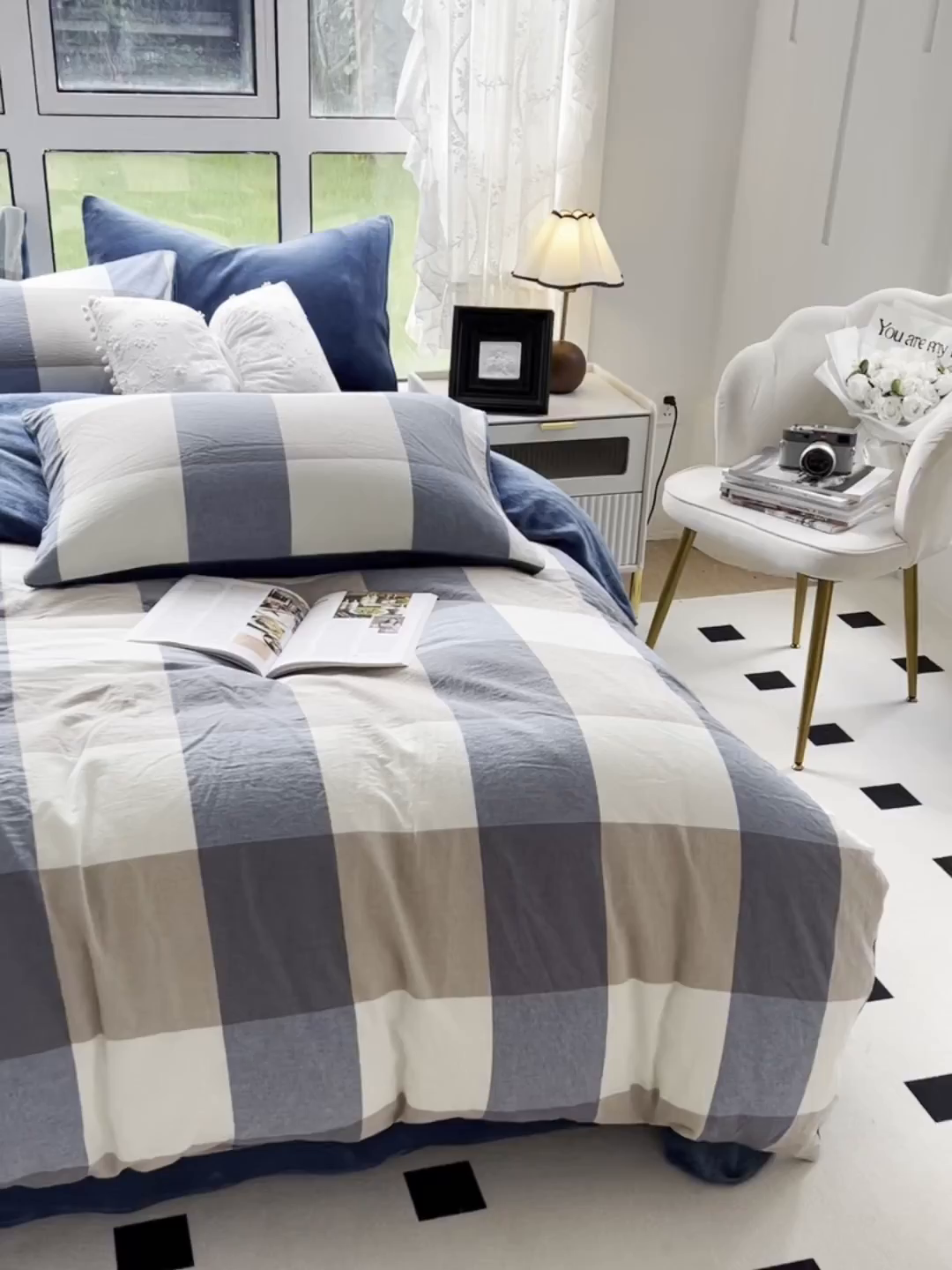 91家纺网 家纺一手货源 找家纺 柠萌家居 2025新款无印良品风双拼全棉色织水洗棉加牛奶绒四件套简约全棉拼牛奶绒四件套 提供买家秀 棉+绒-蓝调格