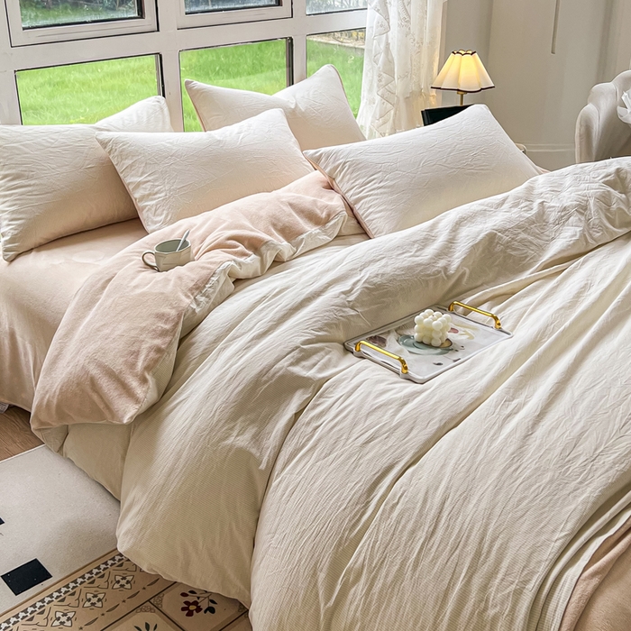 91家纺网 家纺一手货源 找家纺 柠萌家居 2025新款无印良品风双拼全棉色织水洗棉加牛奶绒四件套简约全棉拼牛奶绒四件套 提供买家秀 棉+绒-米极细条